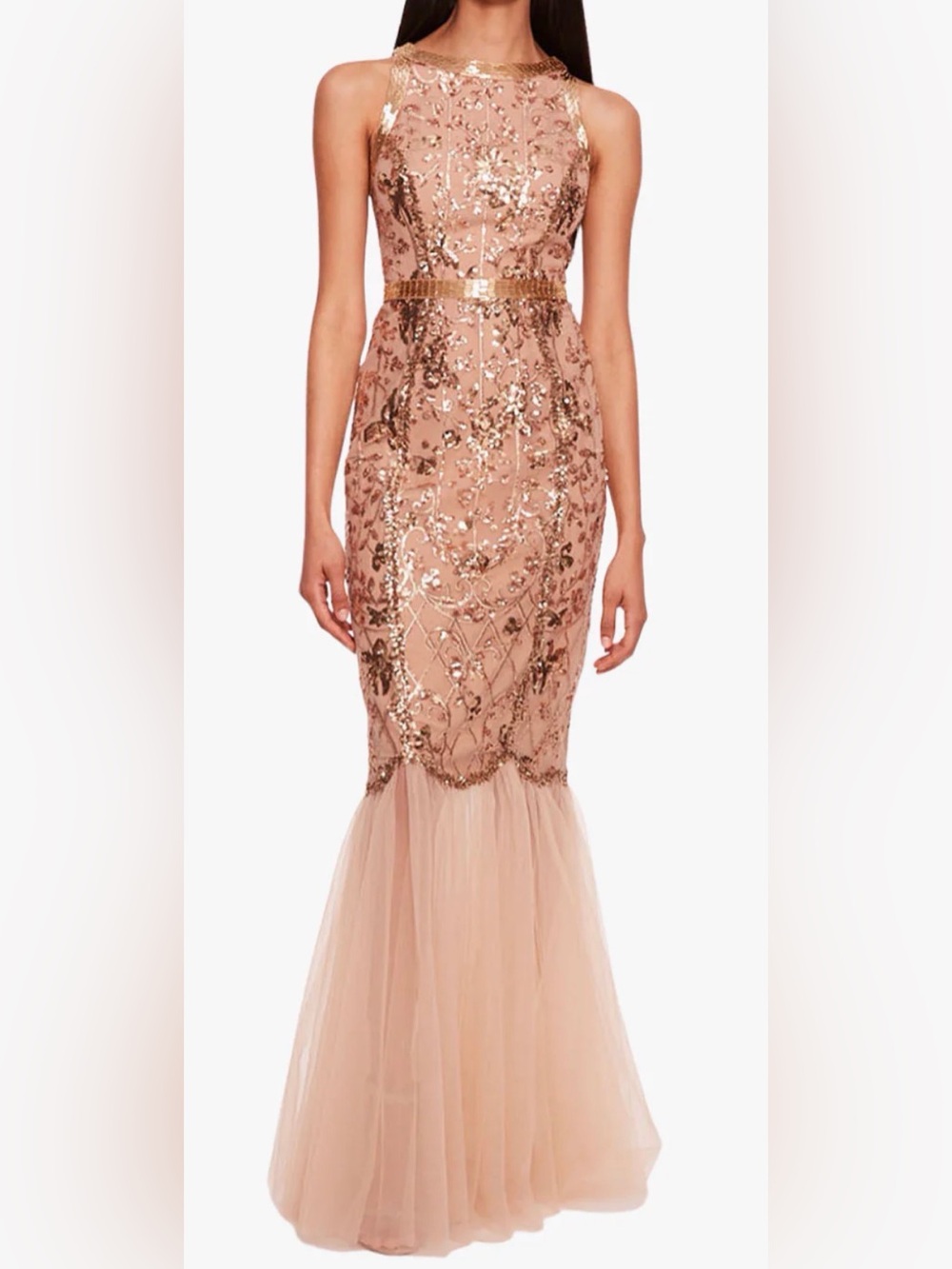 Marchesa Notte Sequin Lattice Strapless Gown in Nude Gold